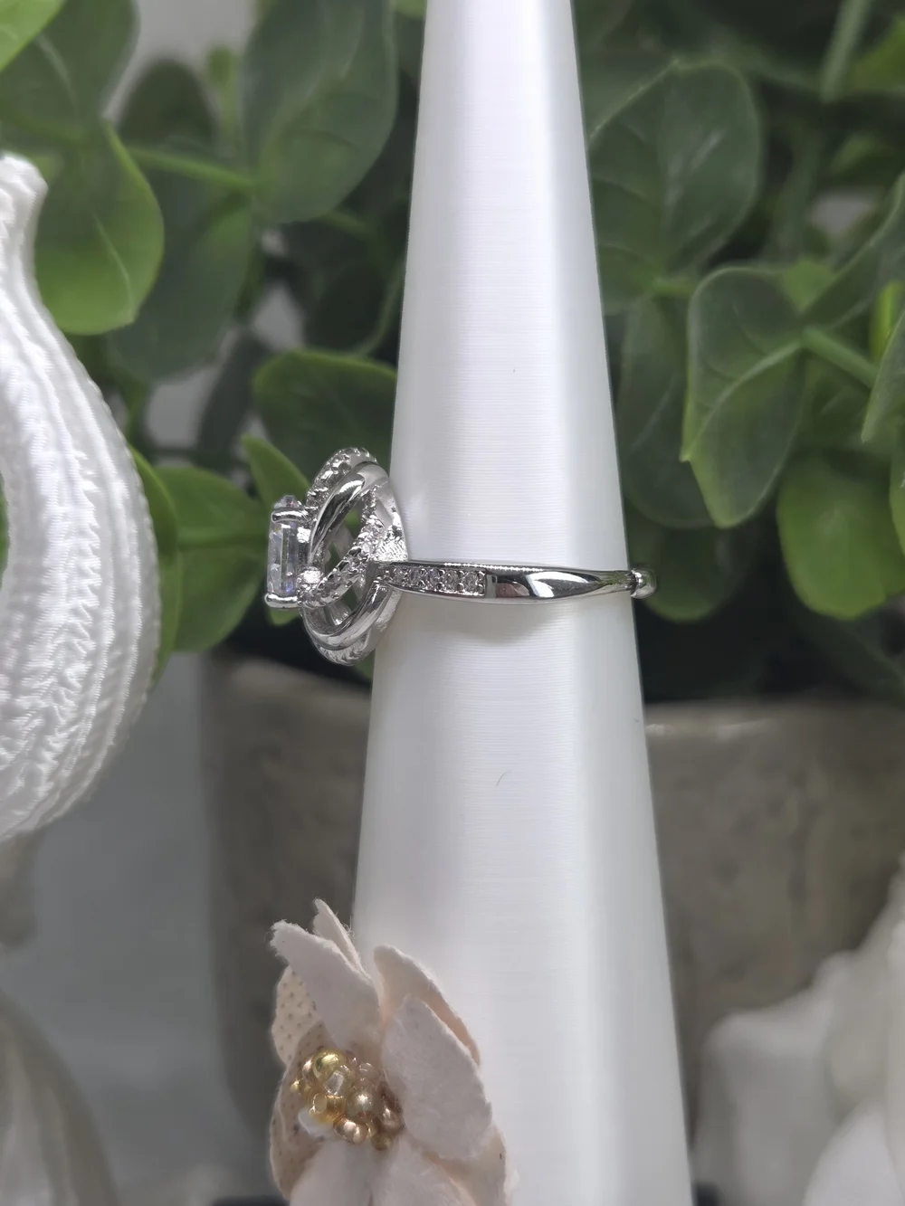 Sterling Silver Floral Halo Ring with Clear Center Stone